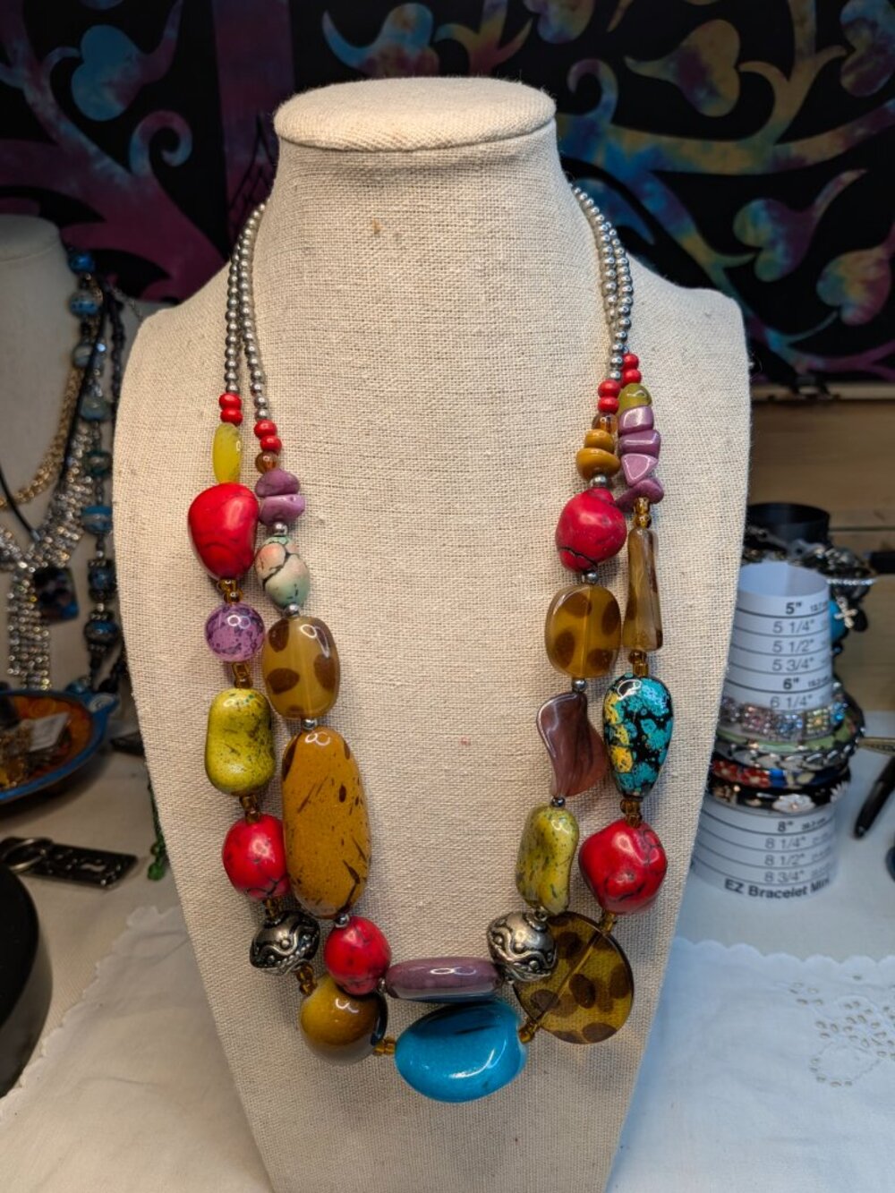 Chunky Multicolor Beaded Statement Necklace Double Strand